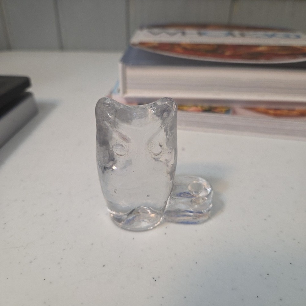 Vintage Biedermann 2" Clear Glass Barn Owl Mini Taper Candle Holder w/tag.